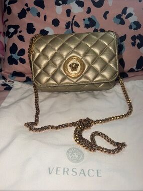 Versace Gold Quilted Crossbody with Medusa Emblem